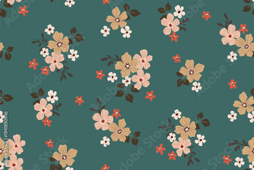 Seamless floral pattern, liberty ditsy print of simple cute bouquets. Pretty botanical design in folk motif, small hand drawn daisy flowers, tiny leaves on blue-green background. Vector illustration.