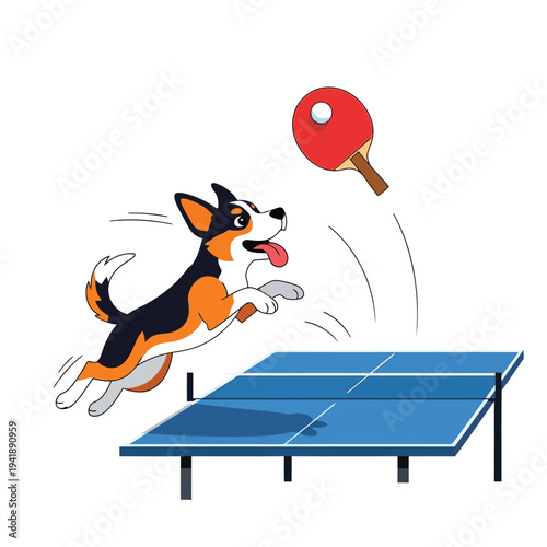 Energetic dog playing table tennis, jumping for the ball on a blue ping pong table