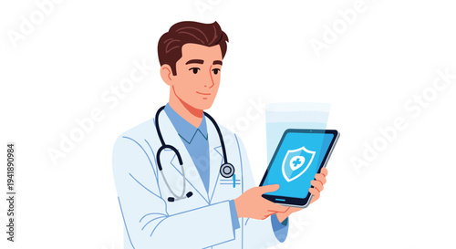 A smiling male doctor in a white lab coat with a stethoscope holds a blue digital tablet displaying a white shield with a cross icon against a plain white background.