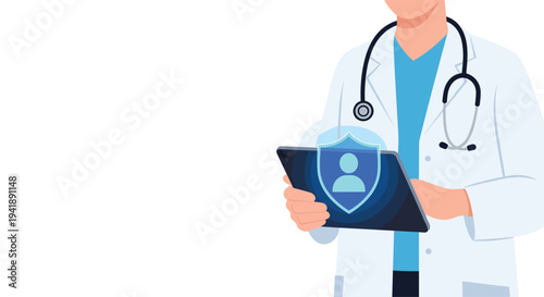 A doctor in a white lab coat with a stethoscope holds a dark digital tablet displaying a glowing blue shield with a white person icon against an empty white background.