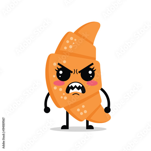 Angry croissant character with a grumpy face and clenched fists, standing firm