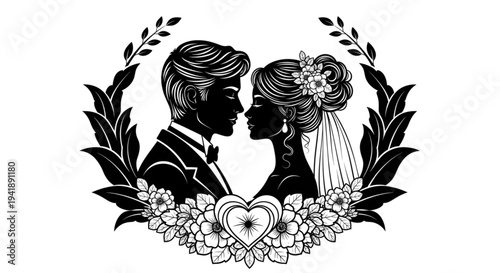 Elegant Bride and Groom Wedding Silhouette Illustration Floral Wreath Romantic Invitations Love Celebration