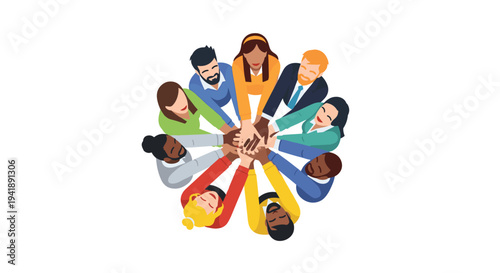 A diverse group of ten individuals forms a tight circle, stacking their hands together in the center, symbolizing unity and teamwork from an overhead perspective.