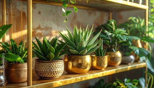Golden Shelves Displaying Lush Green Potted Plants.