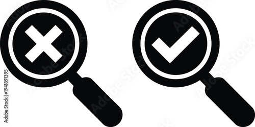 Magnifying glasses with checkmark and cross symbols on a white background.