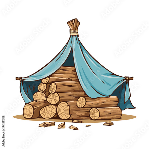 Stacked logs with a turquoise tarp shelter