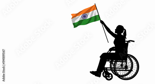 Silhouette of person in wheelchair raising Indian flag high, expressing patriotism. Individual celebrating national pride, holding Indian flag during national holiday event.