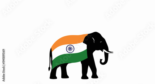 Indian elephant silhouette with national flag draped on back, showcasing vibrant colors of nation. Elephant symbolizes strength and cultural heritage, representing national pride.