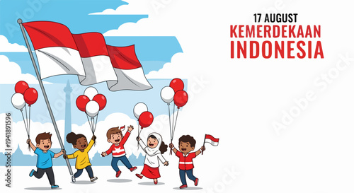 Children celebrating Indonesian Independence Day, holding national flags and balloons. Diverse kids show patriotism on August 17 Indonesian Independence Day.