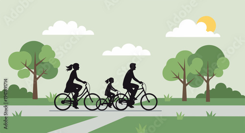 Silhouettes of family cycling on paved park path, active parents and child enjoying outdoor recreation. Illustration depicts happy family cycling for healthy lifestyle and togetherness.