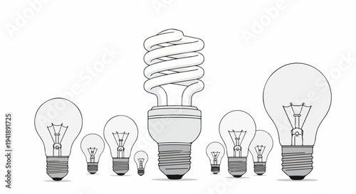 Detailed light bulb sketch featuring various incandescent and energy efficient compact fluorescent bulbs. Diverse light bulb collection symbolizes bright ideas, creativity, and innovation.