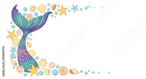 A colorful mermaid tail with iridescent scales is elegantly curved amidst an array of seashells, starfish, and floating bubbles in the lower left corner.