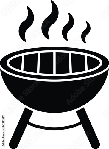 Simple black barbecue grill with smoke rising from the top on a white background.