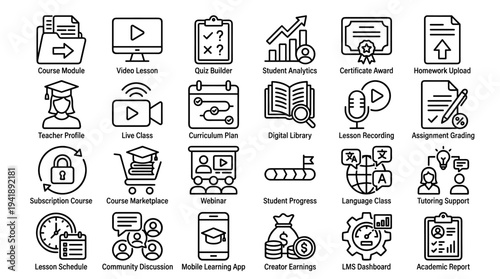 Set of  business icons vector, line style, black and white