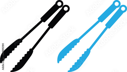A pair of black and a pair of blue kitchen tongs on a white background.