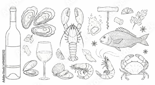 Line Art Seafood and Wine Illustration.