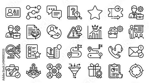 Set of business icons vector, line style, black and white