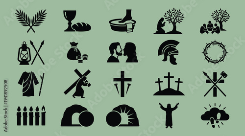 Collection of 20 religious icons and symbols related to Easter and Christianity  various illustrations on a green background