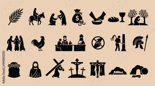 Collection of black silhouette icons depicting biblical scenes and symbols on beige background for graphic design  religious themes and elements