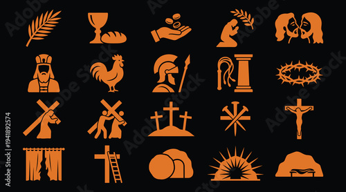 Collection of Christian symbols and icons in orange color on solid black background for design and religious purposes  religious symbols
