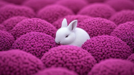 A cute white rabbit nestled among vibrant purple clusters creates a whimsical and surreal scene, perfect for children's books, decorative art, or nature-themed projects,