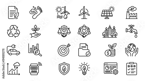 Set of  eco and sustainable energy line icons vector, black outline symbols for recycling, solar, wind, electric car, organic growth and environment UI
