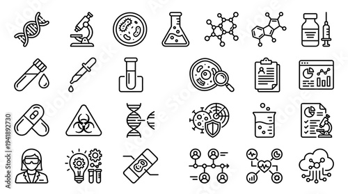Set of  science and laboratory icons vector, black line symbols for chemistry, biology, microscope, DNA, molecules, test tubes, research, education