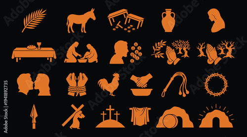 Collection of various religious and biblical icons and symbols in orange color on dark background