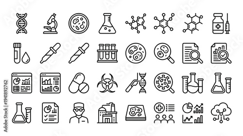 Set of  science and laboratory line icons vector, black outline chemistry biology research symbols for education, medical lab, infographic, website UI