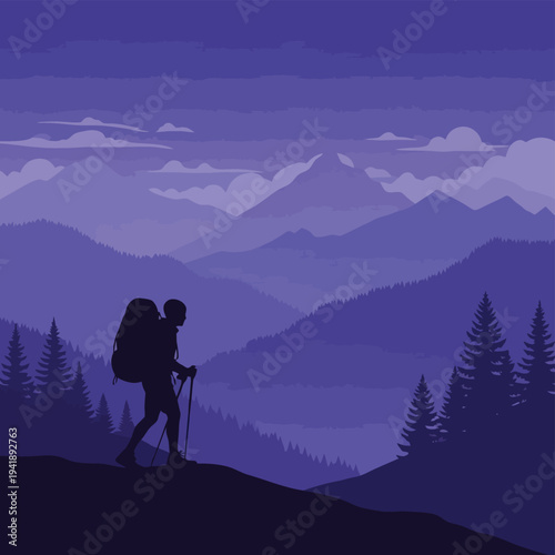 Silhouette of a hiker with backpack and trekking poles on a mountain ridge against a layered mountain range backdrop