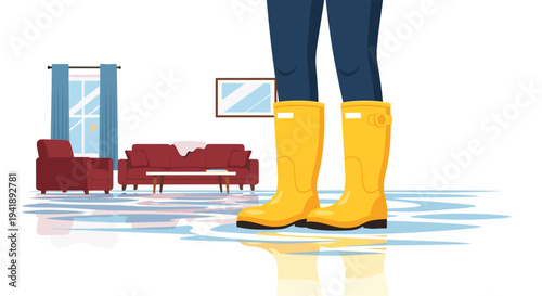 A person stands in bright yellow rain boots amidst a flooded living room with red furniture and blue curtains.
