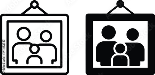 Simple black and white icons representing family units in framed pictures.