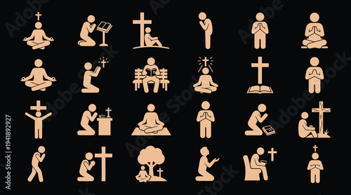 Various Christian religious symbols and people in prayer poses and meditation  icons set