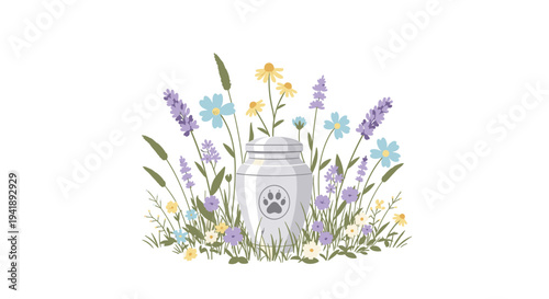 A light grey pet urn with a paw print emblem is surrounded by a vibrant assortment of lavender, yellow, and blue wildflowers.