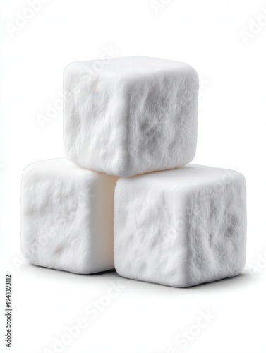 Three fluffy, white cubes stacked together create a visually appealing image suitable for uses in branding, design, or any project needing a soft, elegant touch,