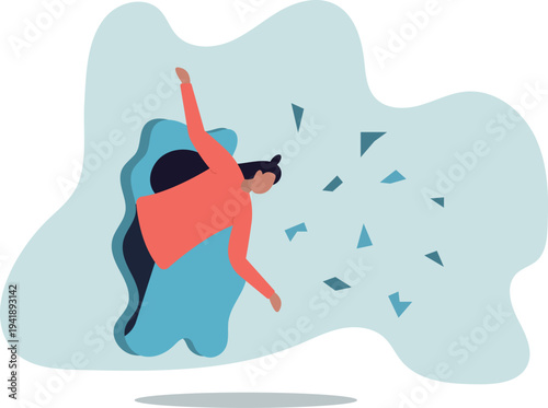 Overcome obstacle or breakthrough wall, courage or determination, woman or gender barrier, female leadership to solve problem,human life and situation.