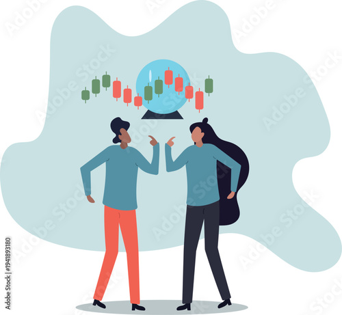 Forecast or prediction, investment opportunity, fortune teller to see stock market or economic direction, trend or business vision.human life and situation.