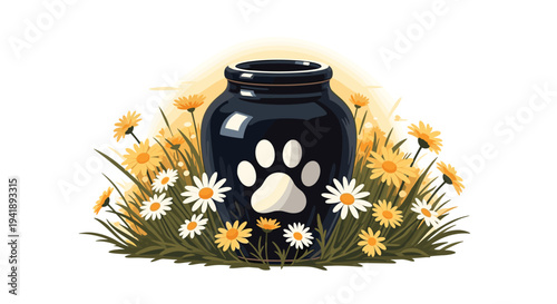 A dark, glossy pet urn featuring a white paw print sits amidst a vibrant cluster of yellow dandelions and white daisies.