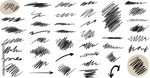 A collection of hand-drawn scribbles, lines, and arrows in black ink