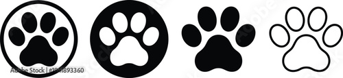 Four distinct paw print designs in various styles and shading on a white background.