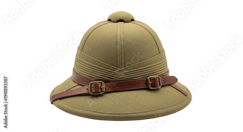 Vintage safari pith helmet with leather chin strap and buckle isolated on transparent background