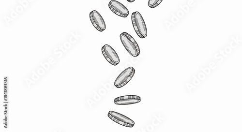 A collection of silver coins falling from above against a white background