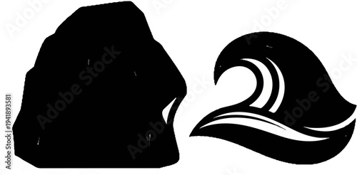 A black silhouette of a rugged rock formation next to a stylized black wave