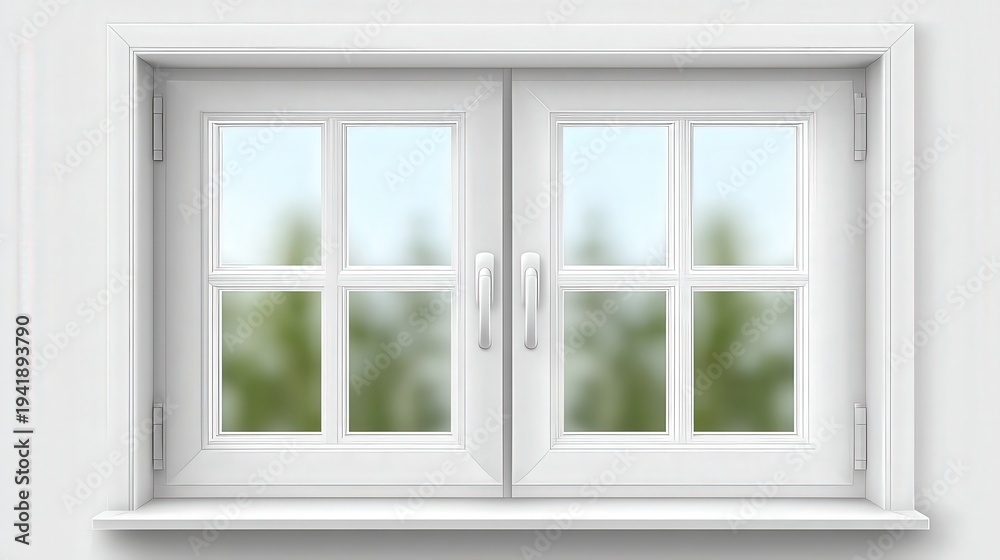 Fototapeta premium A bright, modern double window with white framing showcases a blurred natural background, ideal for themes of home, interior design, or tranquility in promotional materials or blogs,