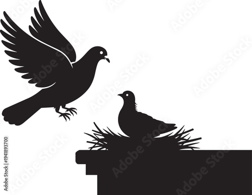 Silhouette of a bird flying towards its mate in nest on ledge