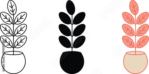 WebMinimalist potted plant icon set, outline solid and colored styles, modern houseplant vector illustration, simple botanical design isolated decorative graphic