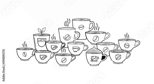 A collection of various steaming coffee cups with distinct labels and decorations