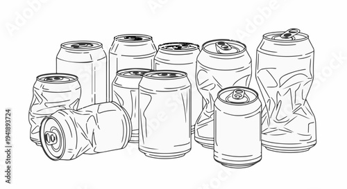 A collection of various crushed and intact metallic beverage containers