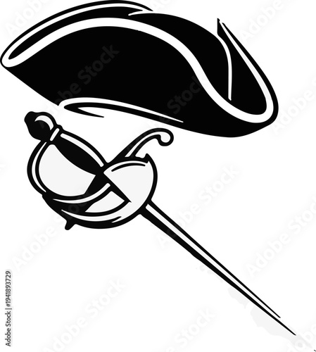A black tricorne hat rests above a silver rapier