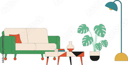 WebModern living room illustration with green sofa, monstera plant, floor lamp, and coffee table in flat minimalist interior design style.